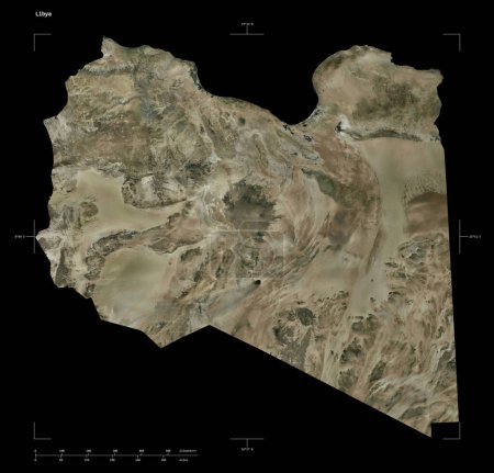 Gestalt einer hochauflösenden Satellitenkarte von Libyen, mit Entfernungsmaßstab und Grenzkoordinaten, isoliert auf schwarz
