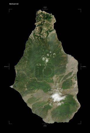 Shape of a high resolution satellite map of the Montserrat, with distance scale and map border coordinates, isolated on black