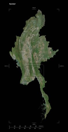 Shape of a high resolution satellite map of the Myanmar, with distance scale and map border coordinates, isolated on black