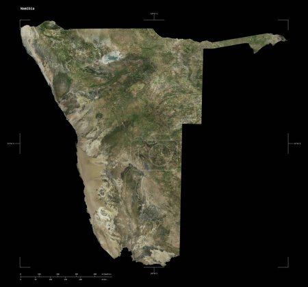 Shape of a high resolution satellite map of the Namibia, with distance scale and map border coordinates, isolated on black