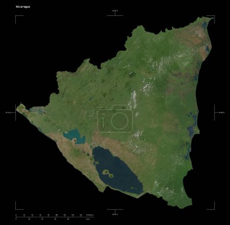 Shape of a high resolution satellite map of the Nicaragua, with distance scale and map border coordinates, isolated on black