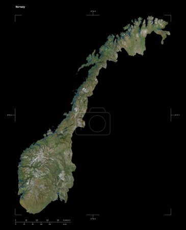 Foto de Forma de un mapa satelital de alta resolución de Noruega, con escala de distancia y coordenadas de frontera de mapa, aislado en negro - Imagen libre de derechos