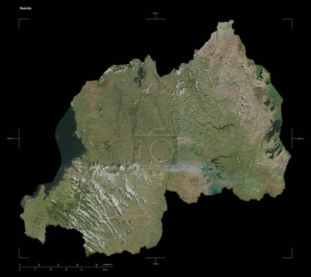 Shape of a high resolution satellite map of the Rwanda, with distance scale and map border coordinates, isolated on black