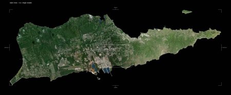 Shape of a high resolution satellite map of the Saint Croix - U.S. Virgin Islands, with distance scale and map border coordinates, isolated on black