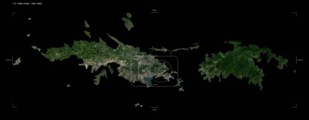 Shape of a high resolution satellite map of the U.S. Virgin Islands - Saint Thomas, with distance scale and map border coordinates, isolated on black