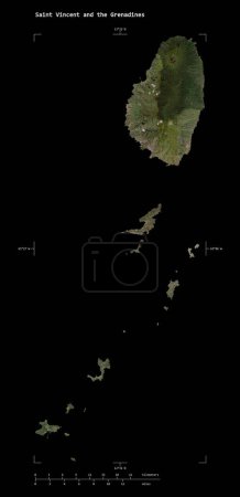 Shape of a high resolution satellite map of the Saint Vincent and the Grenadines, with distance scale and map border coordinates, isolated on black