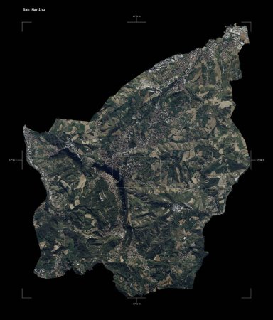 Shape of a high resolution satellite map of the San Marino, with distance scale and map border coordinates, isolated on black