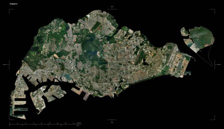 Foto de Forma de un mapa satelital de alta resolución de Singapur, con escala de distancia y coordenadas de frontera mapa, aislado en negro - Imagen libre de derechos
