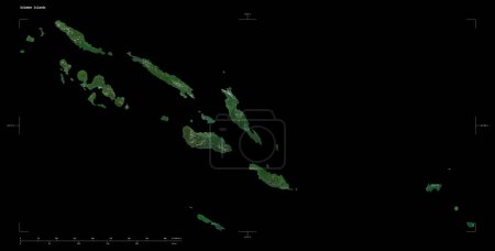 Shape of a high resolution satellite map of the Solomon Islands, with distance scale and map border coordinates, isolated on black