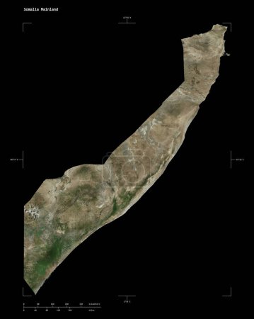 Shape of a high resolution satellite map of the Somalia Mainland, with distance scale and map border coordinates, isolated on black