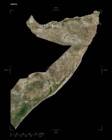 Shape of a high resolution satellite map of the Somalia, with distance scale and map border coordinates, isolated on black