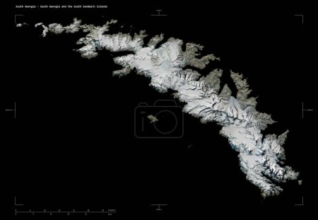Photo for Shape of a high resolution satellite map of the South Georgia - South Georgia and the South Sandwich Islands, with distance scale and map border coordinates, isolated on black - Royalty Free Image