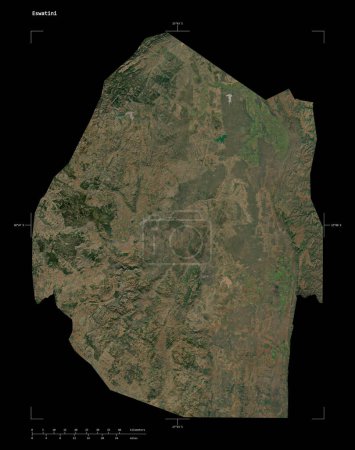 Shape of a high resolution satellite map of the Eswatini, with distance scale and map border coordinates, isolated on black