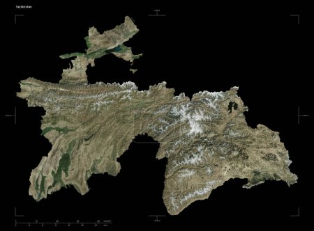 Forma de un mapa satelital de alta resolución del Tayikistán, con coordenadas fronterizas de escala y mapa de distancia, aislado en negro