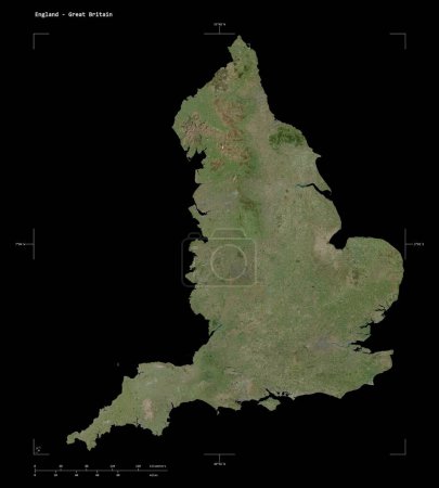 Shape of a high resolution satellite map of the England - Great Britain, with distance scale and map border coordinates, isolated on black