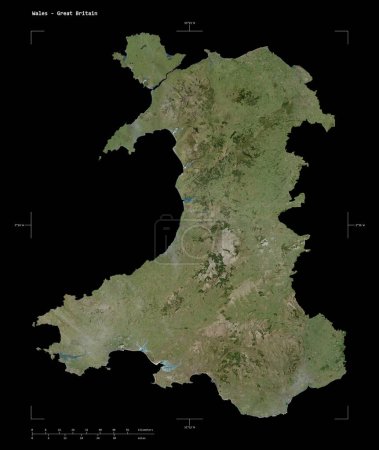 Shape of a high resolution satellite map of the Wales - Great Britain, with distance scale and map border coordinates, isolated on black