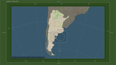 Photo for Argentina highlighted on a topographic, OSM Germany style map map with the country's capital point, cartographic grid, distance scale and map border coordinates - Royalty Free Image