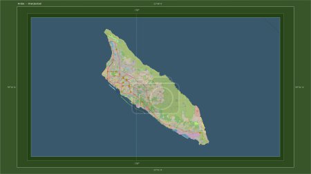 Aruba destacó en un mapa topográfico de estilo OSM Alemania con el punto capital del país, la cuadrícula cartográfica, la escala de distancia y las coordenadas fronterizas del mapa