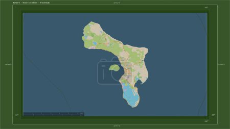 Téléchargez les photos : Bonaire - Caraïbes néerlandaises surlignées sur une carte topographique de style OSM Allemagne avec le point capitale du pays, la grille cartographique, l'échelle de distance et les coordonnées de la frontière cartographique - en image libre de droit