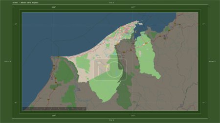 Brunei hervorgehoben auf einer topographischen Karte im OSM-Deutschland-Stil mit dem Hauptort des Landes, kartographischem Raster, Entfernungsmaßstab und Kartengrenzkoordinaten