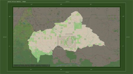 République centrafricaine mise en évidence sur une carte topographique de style OSM Allemagne avec le point capitale du pays, la grille cartographique, l'échelle de distance et les coordonnées de la frontière de la carte