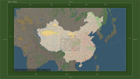 China hervorgehoben auf einer topographischen Karte im OSM-Deutschland-Stil mit dem Hauptort des Landes, kartographischem Raster, Entfernungsmaßstab und Kartengrenzkoordinaten
