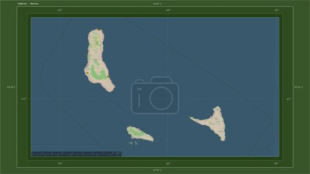 Photo for Comoros highlighted on a topographic, OSM Germany style map map with the country's capital point, cartographic grid, distance scale and map border coordinates - Royalty Free Image
