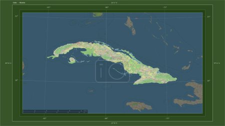 Cuba highlighted on a topographic, OSM Germany style map map with the country's capital point, cartographic grid, distance scale and map border coordinates