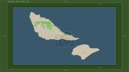 Photo for Futuna Island - Wallis and Futuna highlighted on a topographic, OSM Germany style map map with the country's capital point, cartographic grid, distance scale and map border coordinates - Royalty Free Image