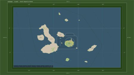Galapagos - Équateur souligné sur une carte topographique de style OSM Allemagne avec le point de la capitale du pays, grille cartographique, échelle de distance et coordonnées de la frontière de la carte