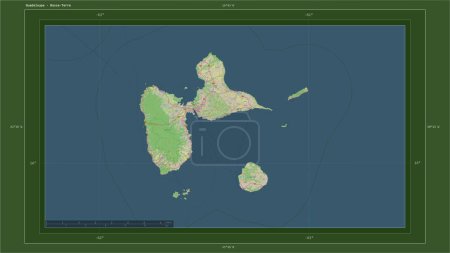 Téléchargez les photos : Guadeloupe mise en évidence sur une carte topographique de style OSM Allemagne avec le point capitale du pays, la grille cartographique, l'échelle de distance et les coordonnées de la frontière cartographique - en image libre de droit