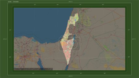 Israel highlighted on a topographic, OSM Germany style map map with the country's capital point, cartographic grid, distance scale and map border coordinates