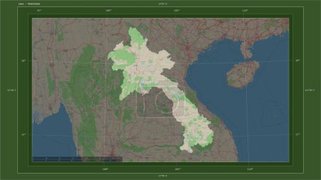 Photo for Laos highlighted on a topographic, OSM Germany style map map with the country's capital point, cartographic grid, distance scale and map border coordinates - Royalty Free Image
