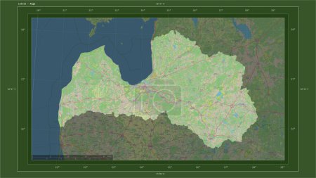 Lettonie mise en évidence sur une carte topographique de style OSM Allemagne avec le point capitale du pays, la grille cartographique, l'échelle de distance et les coordonnées de la frontière cartographique