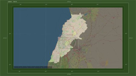 Libanon hervorgehoben auf einer topographischen Karte im OSM-Deutschland-Stil mit dem Hauptort des Landes, kartographischem Raster, Entfernungsmaßstab und Kartengrenzkoordinaten