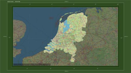 Netherlands highlighted on a topographic, OSM Germany style map map with the country's capital point, cartographic grid, distance scale and map border coordinates