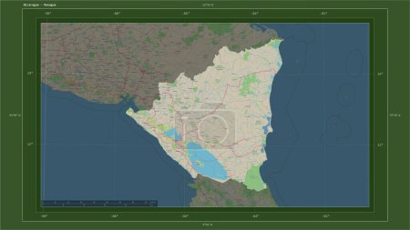 Photo for Nicaragua highlighted on a topographic, OSM Germany style map map with the country's capital point, cartographic grid, distance scale and map border coordinates - Royalty Free Image