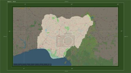 Nigeria highlighted on a topographic, OSM Germany style map map with the country's capital point, cartographic grid, distance scale and map border coordinates