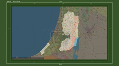 Téléchargez les photos : Palestine mise en évidence sur une carte topographique de style OSM Allemagne avec le point capitale du pays, la grille cartographique, l'échelle de distance et les coordonnées de la frontière cartographique - en image libre de droit