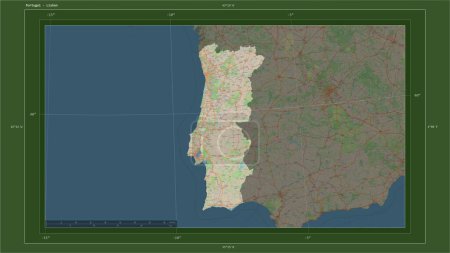Portugal hervorgehoben auf einer topographischen Karte im OSM-Deutschland-Stil mit dem Hauptort des Landes, kartographischem Raster, Entfernungsmaßstab und Kartengrenzkoordinaten