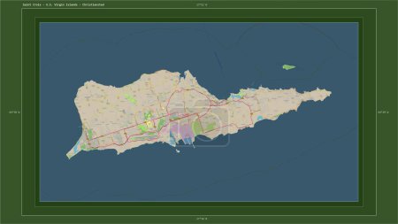 Téléchargez les photos : Sainte-Croix - Îles Vierges américaines surlignées sur une carte topographique de style OSM Allemagne avec le point capitale du pays, la grille cartographique, l'échelle de distance et les coordonnées de la frontière cartographique - en image libre de droit