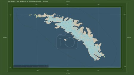 Photo for South Georgia - South Georgia and the South Sandwich Islands highlighted on a topographic, OSM Germany style map map with the country's capital point, cartographic grid, distance scale and map border coordinates - Royalty Free Image