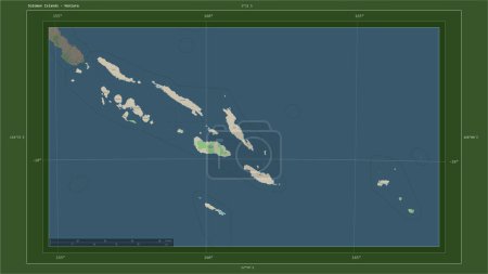 Islas Salomón destacadas en un mapa topográfico de estilo OSM Alemania con el punto capital del país, cuadrícula cartográfica, escala de distancia y coordenadas fronterizas del mapa