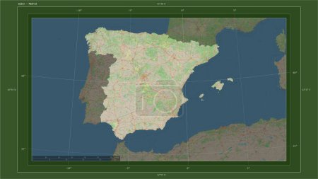 Spanien hervorgehoben auf einer topographischen Karte im OSM-Deutschland-Stil mit dem Hauptort des Landes, kartographischem Raster, Entfernungsmaßstab und Kartengrenzkoordinaten