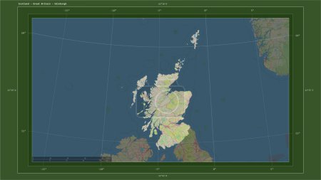 Photo for Scotland - Great Britain highlighted on a topographic, OSM Germany style map map with the country's capital point, cartographic grid, distance scale and map border coordinates - Royalty Free Image