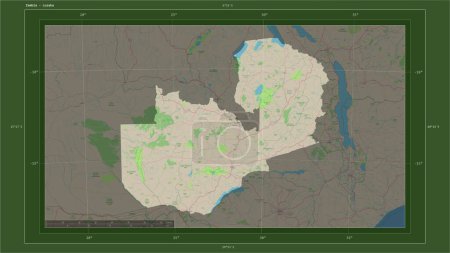 Zambie mise en évidence sur une carte topographique de style OSM Allemagne avec le point de la capitale du pays, la grille cartographique, l'échelle de distance et les coordonnées de la frontière cartographique