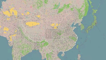 China outlined on a topographic, OSM France style map