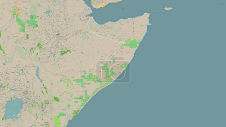 Somalia outlined on a topographic, OSM France style map