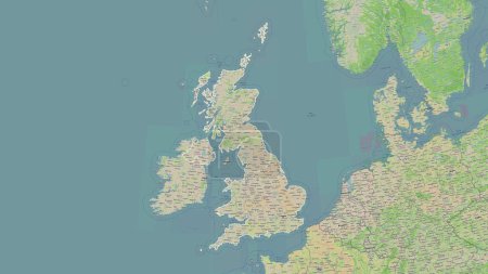 United Kingdom outlined on a topographic, OSM France style map