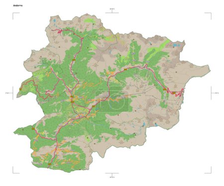 Shape of a topographic, OSM Germany style map of the Andorra, with distance scale and map border coordinates, isolated on white
